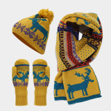 Red Christmas Reindeer Pattern Wapiti Contrast Knitted Hat Scarf Gloves Set