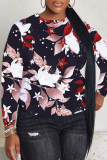 Dark Blue Floral Print Round Neck Long Sleeve Fall Winter Sweatshirt Tops