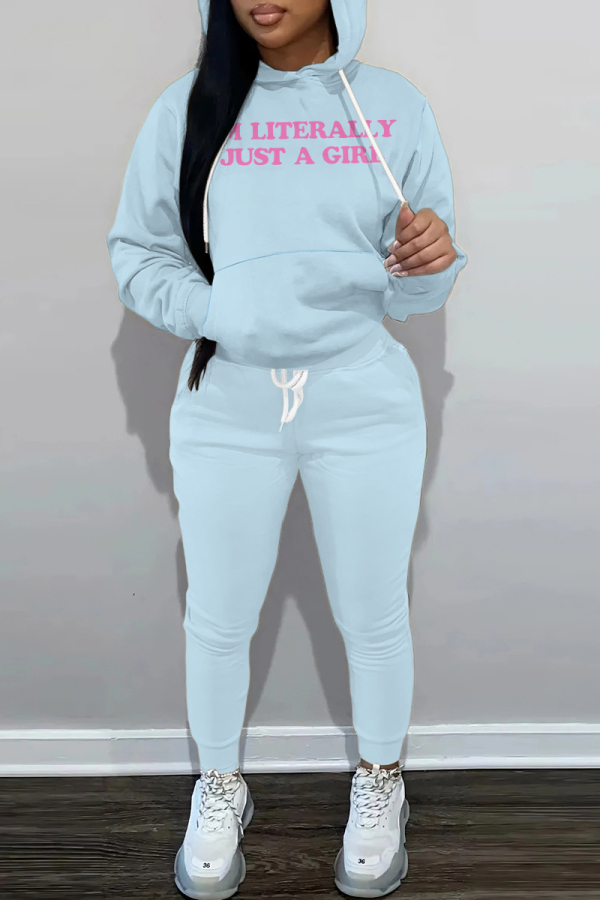 Brown Sportwear Casual Letter Print Hooded Long Sleeve Sweatshirt and Pencil Sweatpants Fall Winter Two Pieces Sweatsuits Sets