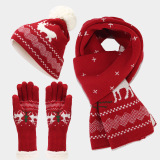 Red Christmas Reindeer Pattern Wapiti Contrast Knitted Hat Scarf Gloves Set