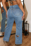 Blue Casual Patchwork Hot Drilling  Heart-shaped Cut OutHigh Waist Straight Denim Jeans