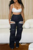 Blue Casual Hollow Out Pocket Hot Drill High Waist Straight Denim Cargo Jeans