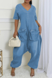 Casual Solid Color Pocket Zipper V Neck Short Sleeve Regular Denim Jumpsuits