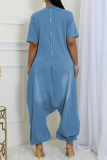 Casual Solid Color Pocket Zipper V Neck Short Sleeve Regular Denim Jumpsuits