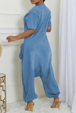 Casual Solid Color Pocket Zipper V Neck Short Sleeve Regular Denim Jumpsuits