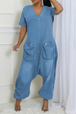 Casual Solid Color Pocket Zipper V Neck Short Sleeve Regular Denim Jumpsuits