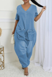 Casual Solid Color Pocket Zipper V Neck Short Sleeve Regular Denim Jumpsuits
