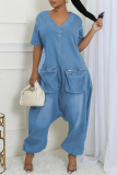 Casual Solid Color Pocket Zipper V Neck Short Sleeve Regular Denim Jumpsuits