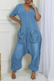 Casual Solid Color Pocket Zipper V Neck Short Sleeve Regular Denim Jumpsuits