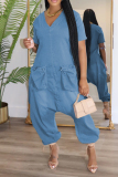 Casual Solid Color Pocket Zipper V Neck Short Sleeve Regular Denim Jumpsuits
