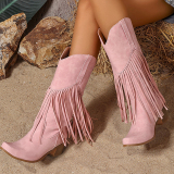 Wine Red PU Fringed Trim Slip-on Pointed Thick Heel Mid-Calf knight boots