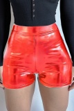 Leopard Party Club Casual Solid Color Skinny High Waist Shiny PU Leather Shorts