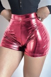 Leopard Party Club Casual Solid Color Skinny High Waist Shiny PU Leather Shorts
