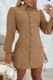 Apricot Turndown Collar Long Sleeve Lace Up Buttons Vacation Formal Office Casual Shirt Mini Dresses