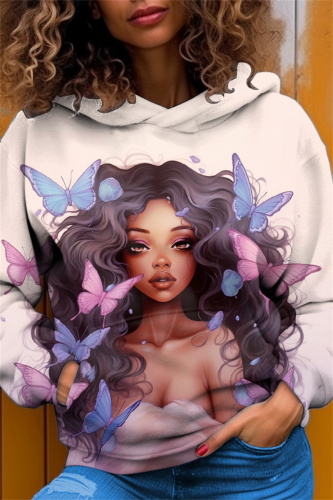 Off-white Casual Map of Africa Girl Print Draw String Hooded Collar Long Sleeve Fall Winter Sweatshirts Tops
