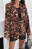 Leopard Print Office Lady Casual Lace Up Belted Turn-back Collar Long Sleeve Blazer Suits