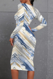 Light Blue Casual Striped Print Tie Dye O Neck Long Sleeve Bodycon Midi Dresses