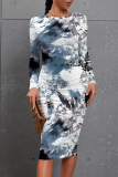 Light Blue Casual Striped Print Tie Dye O Neck Long Sleeve Bodycon Midi Dresses
