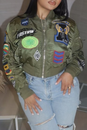 Army Green Casual Embroidery Zipper Collar Long Sleeve Fall Winter Short Bomber Jackets Outerwear