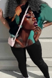 Khaki African Girl Print Round Neck Short Sleeve T-shirt and Pencil Pants Two Pieces Matching Sets