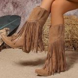 Wine Red PU Fringed Trim Slip-on Pointed Thick Heel Mid-Calf knight boots
