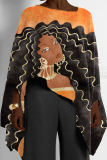 Orange Casual Africa Girl Print Round Neck Long Sleeve High Low Loose Fall Winter Blouses Tops Capes