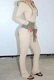 Apricot Skinny Sportwear Gym Contrast Casual Hooded Zip-up Long Sleeve Jacket and Flared Sweatpants Two Pieces Sweatsuit Sets