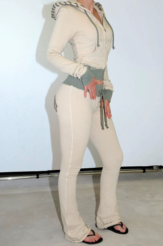 Apricot Skinny Sportwear Gym Contrast Casual Hooded Zip-up Long Sleeve Jacket and Flared Sweatpants Two Pieces Sweatsuit Sets