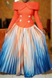 Sky Blue Party CLub Formal Gradient Color Off Shoulder Long Sleeve Waisted Tops and Long Pleated Skirts Two Pieces Dress Sets