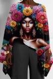 Army Green Casual Africa Girl Print Round Neck Long Sleeve High Low Loose Fall Winter Blouses Tops Cape