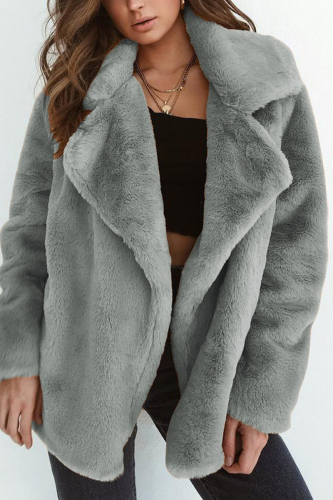White Casual Fluffy Turndown Collar Long Sleeve Cardigan Faux Fur Open Front Oversized Winter Jacket