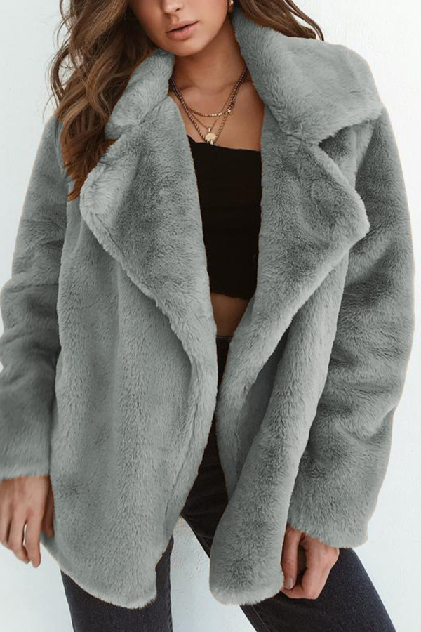 White Casual Fluffy Turndown Collar Long Sleeve Cardigan Faux Fur Open Front Oversized Winter Jacket