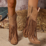 Wine Red PU Fringed Trim Slip-on Pointed Thick Heel Mid-Calf knight boots