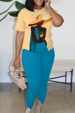 Yellow Blue African Girl Print Round Neck Short Sleeve T-shirt and Pencil Pants Two Pieces Matching Sets