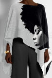 Army Green Casual Africa Girl Print Round Neck Long Sleeve High Low Loose Fall Winter Blouses Tops Cape