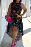 Black Floral Print Sleeveless O Neck Irregular Hem with Trailing Casual Outing Plus Size Straight Loose Midi Dress