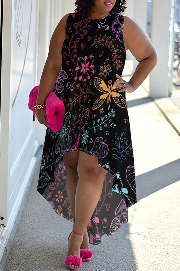 Black Floral Print Sleeveless O Neck Irregular Hem with Trailing Casual Outing Plus Size Straight Loose Midi Dress