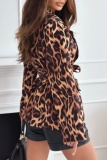 Leopard Print Office Lady Casual Lace Up Belted Turn-back Collar Long Sleeve Blazer Suits