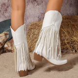 Wine Red PU Fringed Trim Slip-on Pointed Thick Heel Mid-Calf knight boots