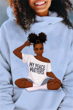 Black Casual Africa Girl Print Draw String Hooded Collar Long Sleeve Fall Winter Sweatshirts Tops