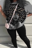 Khaki African Girl Print Round Neck Short Sleeve T-shirt and Pencil Pants Two Pieces Matching Sets