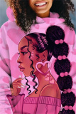 Black Casual Africa Girl Print Draw String Hooded Collar Long Sleeve Fall Winter Sweatshirts Tops