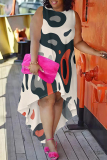 Black Floral Print Sleeveless O Neck Irregular Hem with Trailing Casual Outing Plus Size Straight Loose Midi Dress