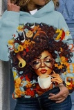 Multicolor Casual Figure African Girl Print Draw String Hooded Collar Long Sleeve Fall Winter Sweatshirts Tops