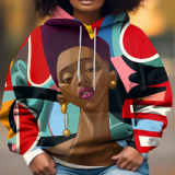 Black Casual Africa Girl Print Contrast Draw String Hooded Collar Long Sleeve Fall Winter Sweatshirts Tops