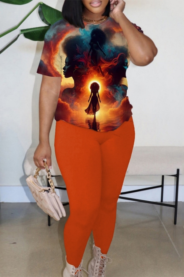 Yellow Blue African Girl Print Round Neck Short Sleeve T-shirt and Pencil Pants Two Pieces Matching Sets