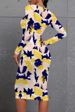 Light Blue Casual Striped Print Tie Dye O Neck Long Sleeve Bodycon Midi Dresses