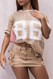 Green Mesh Casual Loose Figure Print Round Neck Short Sleeve Sweater T-Shirts Tops