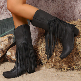 Wine Red PU Fringed Trim Slip-on Pointed Thick Heel Mid-Calf knight boots