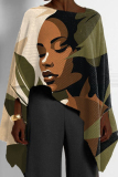 Army Green Casual Africa Girl Print Round Neck Long Sleeve High Low Loose Fall Winter Blouses Tops Cape